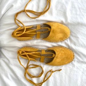 Yellow Faux-suede Ankle Tie Flats